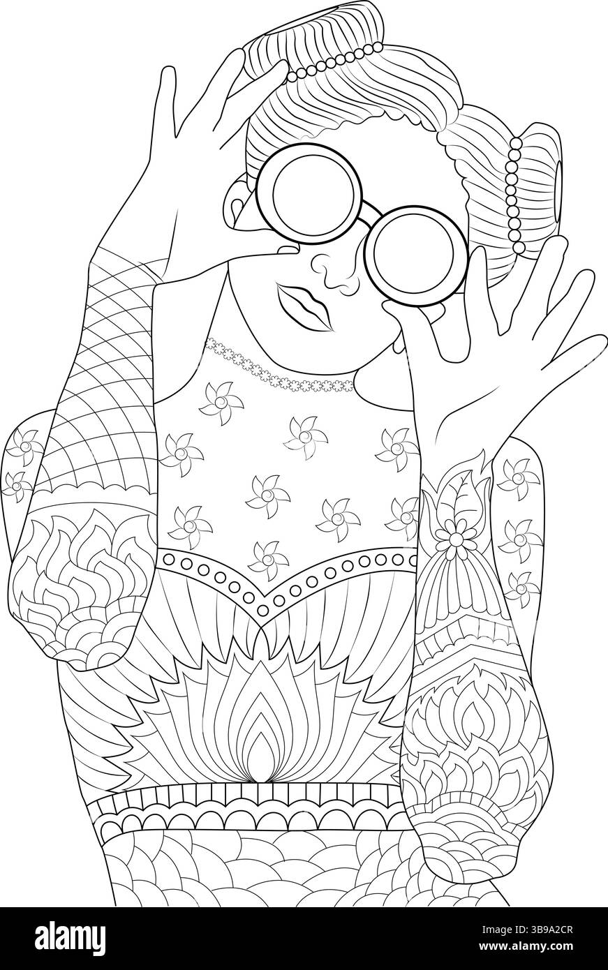 Stylenkunst-Illustration einer stilisierten Person im Retro-Stil, möglicherweise inspiriert von Trends der 90er Jahre, mit runder Sonnenbrille und gemusterter Kleidung, Stock Vektor