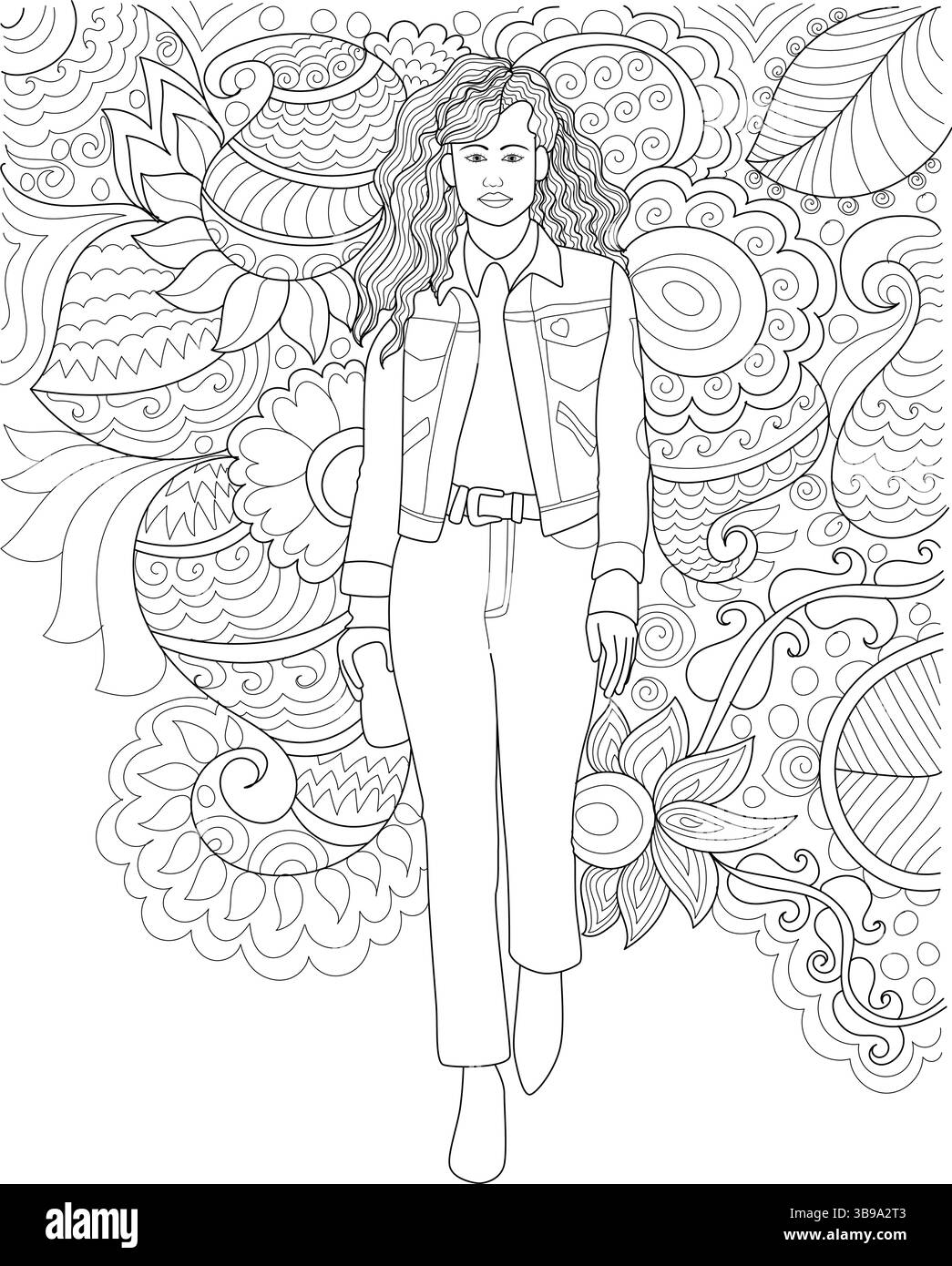 Schwarz-weiße Strichgrafik-Illustration einer Frau, die im Stil der 1980er Jahre läuft, einschließlich einer Jeansjacke und einer Hose mit hohem Bund. Die Hintergrund-fea Stock Vektor