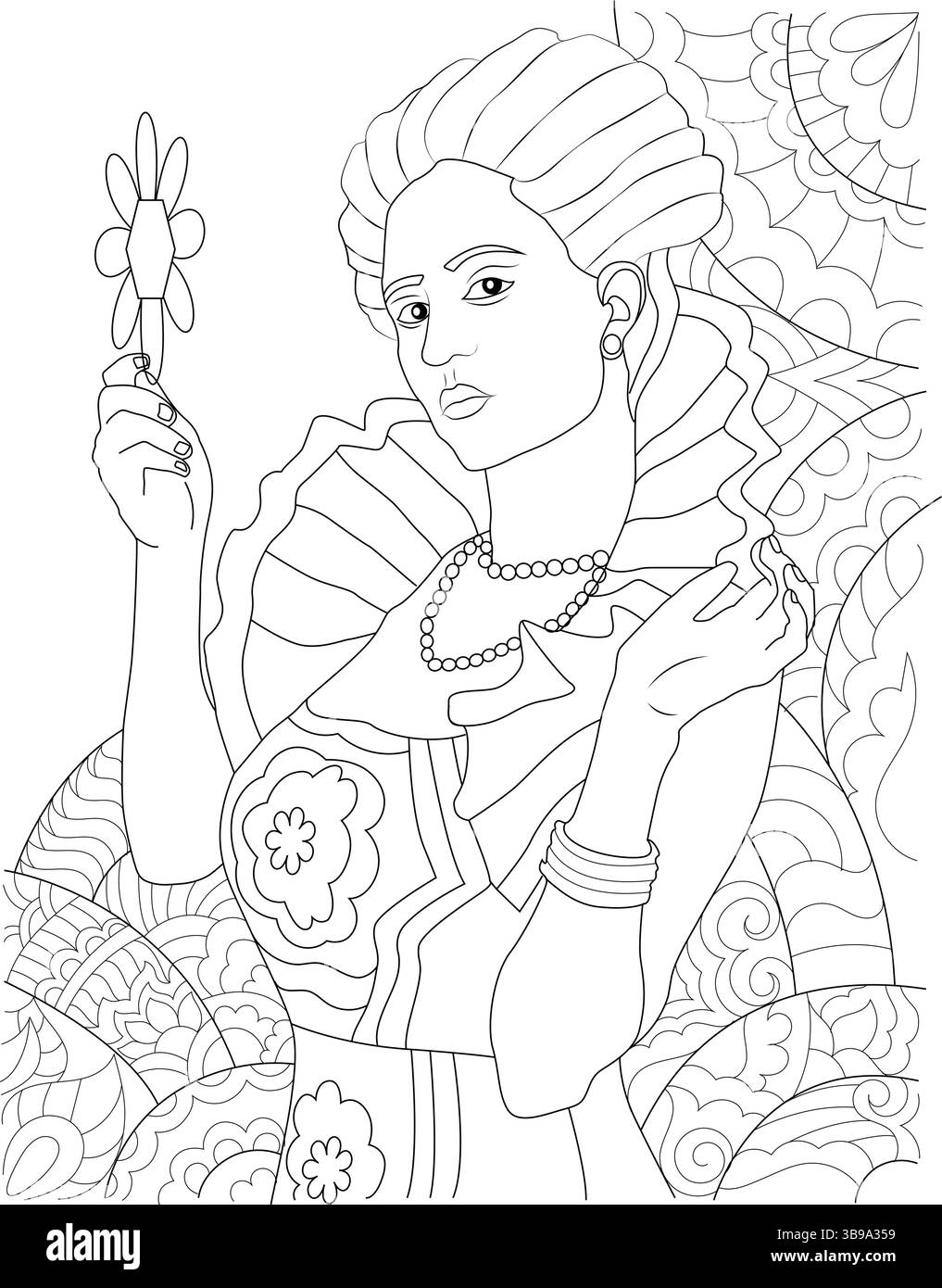 Strichkunst-Illustration einer Frau in aufwendiger historischer Kleidung, die eine Blume hält. Diese Schwarzweiß-Zeichnung eignet sich für Farbstoffe für Erwachsene Stock Vektor