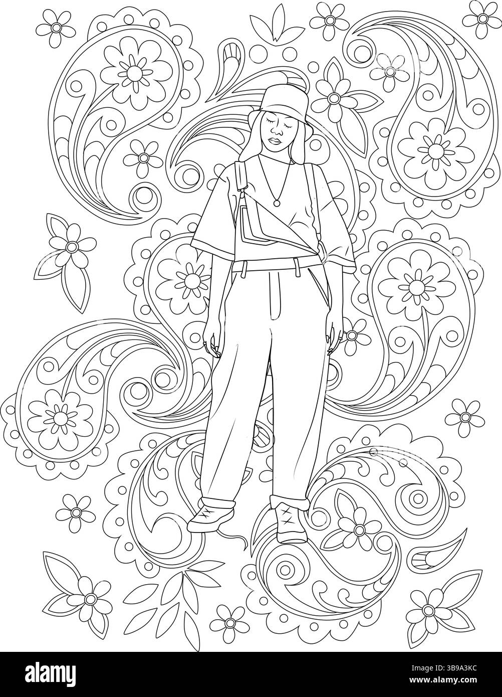 Schwarz-weiße Linienzeichnung einer Person, die Mode im Stil der 90er Jahre trägt, einschließlich Baggy Hosen, einem Eimerhut und einem Päckchen, vor einem Hintergrund von Stock Vektor