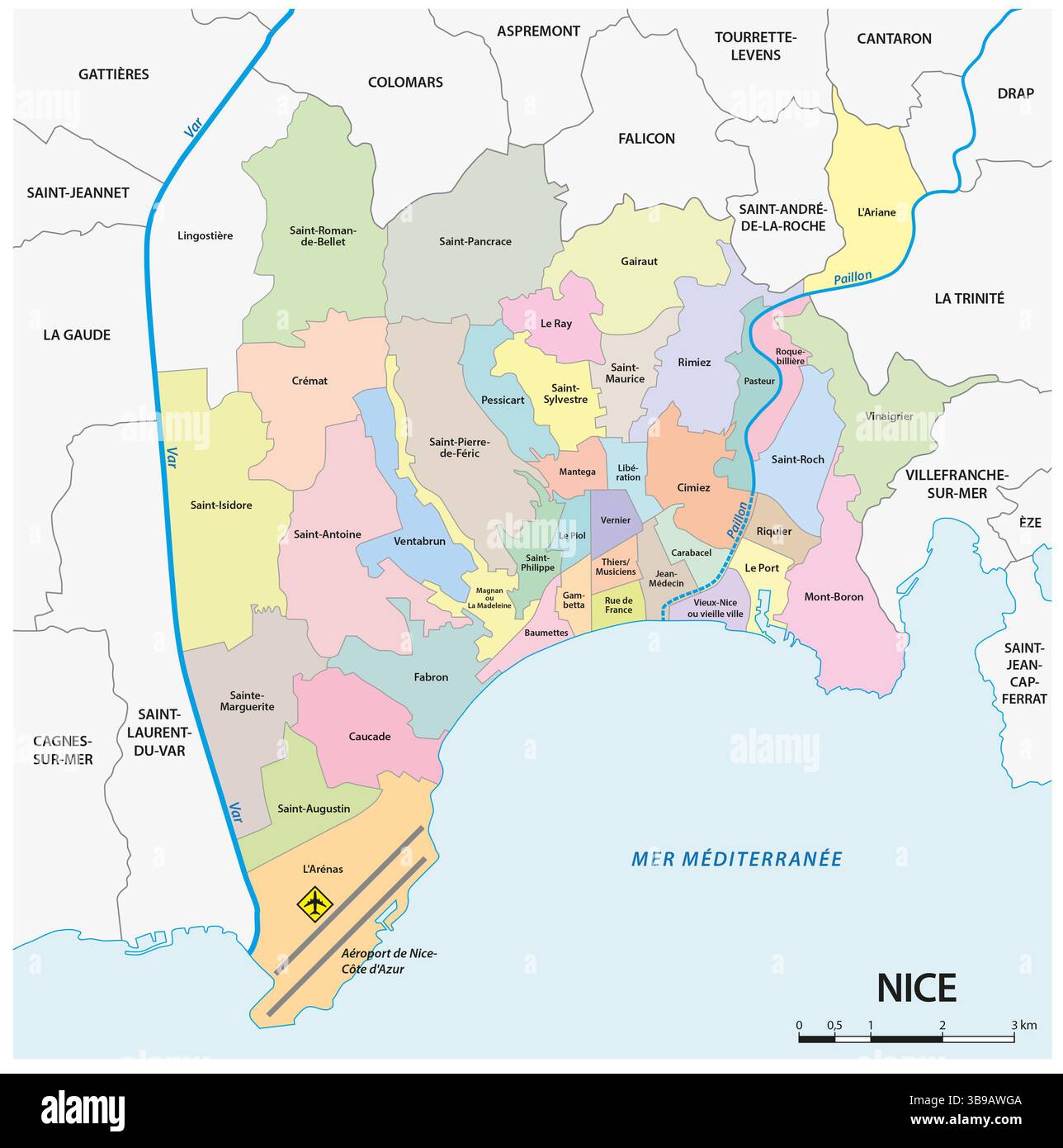 Administrative Vektorkarte der südfranzösischen Stadt Nizza Stockfoto