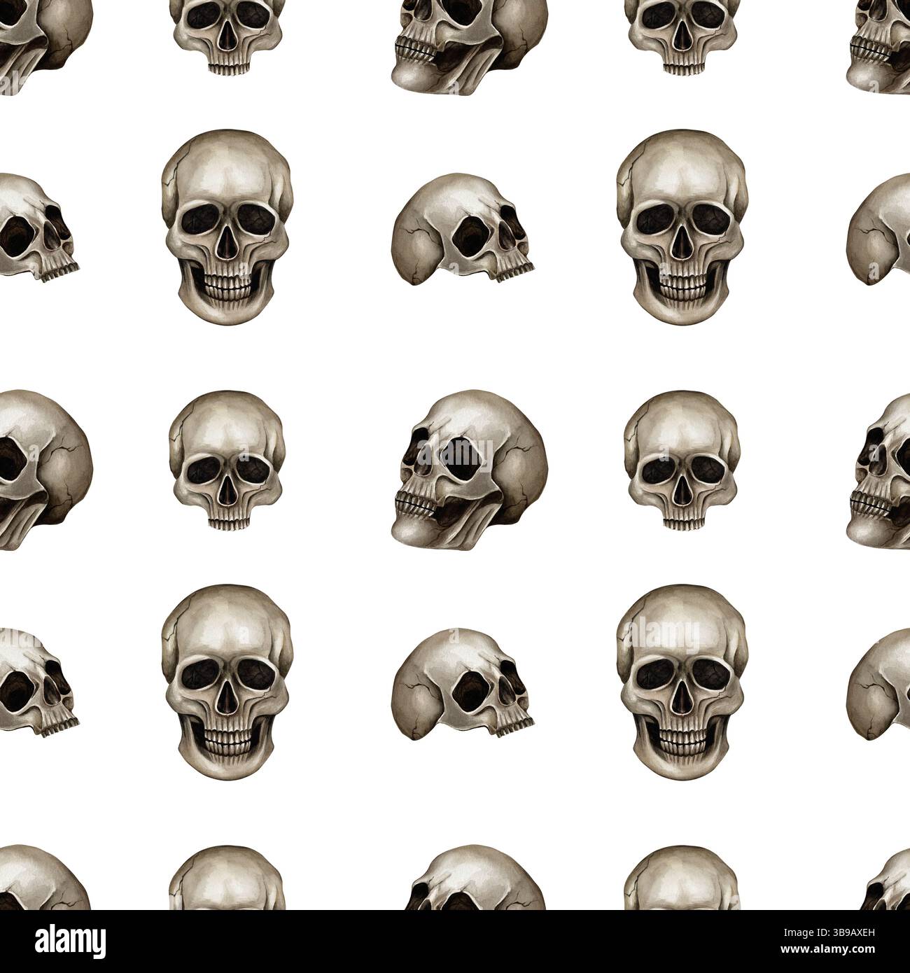 Schädel nahtloses Muster Vollfläche, in Profil Aquarellabbildung isoliert vom Hintergrund. Handgezeichneter Schädel für Halloween, Textil im gotischen Stil Stockfoto