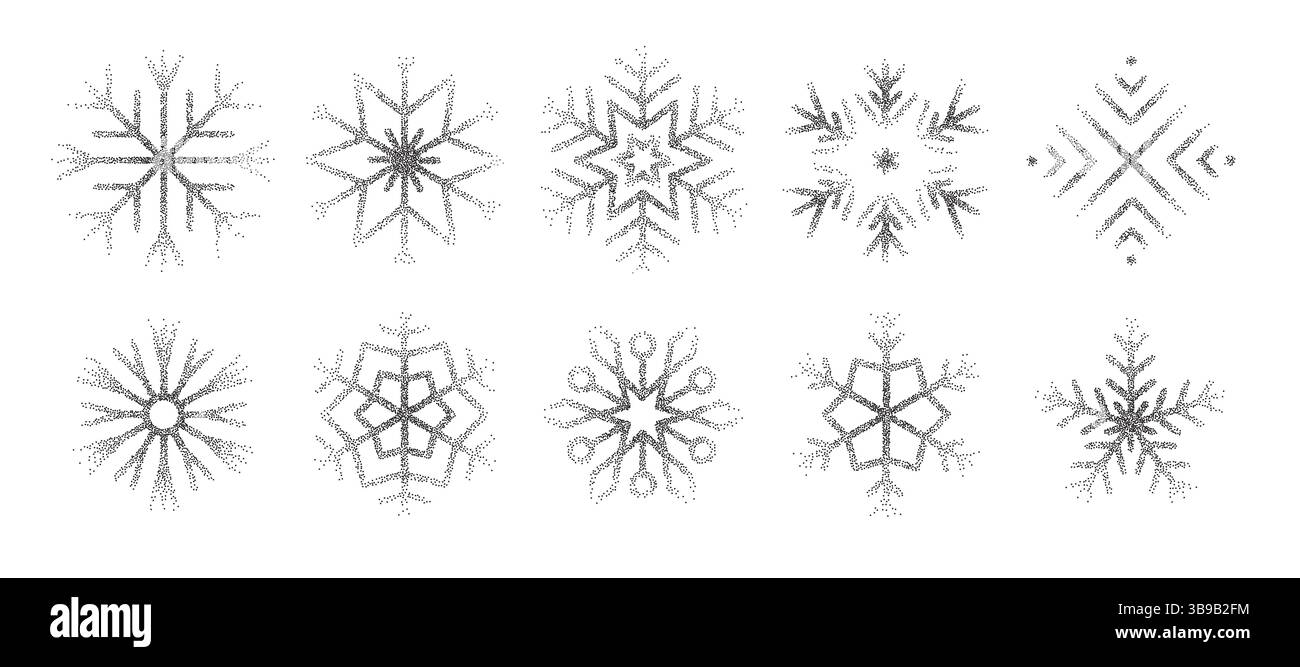 Trendige Vintage Stipple Dots Schneeflocken Kollektion. Niedliches Set aus gepunkteten Eisformen. Symbole für Weihnachten oder Neujahr mit Verlaufsverlauf Stock Vektor