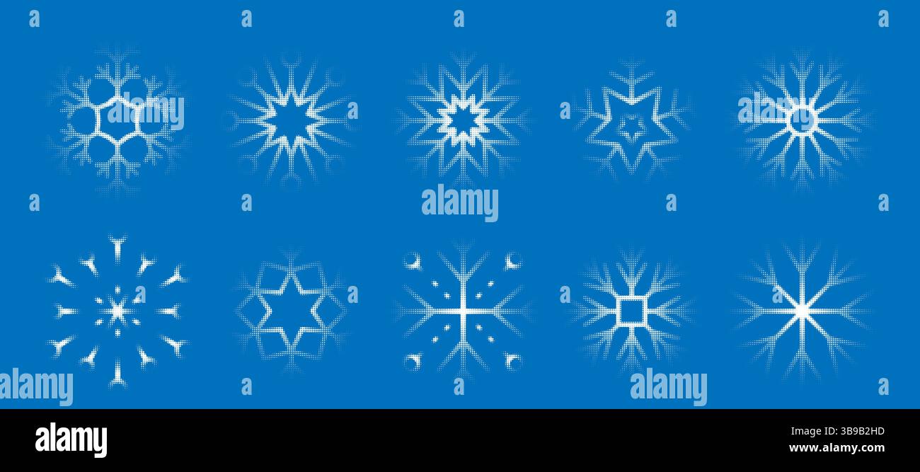 Trendige gepunktete Schneeflocken-Kollektion. Satz von Rasterpunkten, die auf blauem Hintergrund isoliert sind Stock Vektor