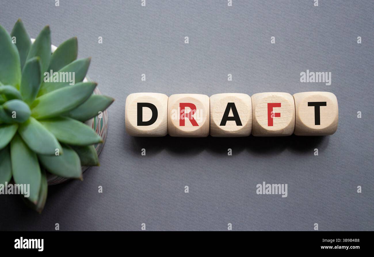 Auszugsschrägensymbol. Konzeptwort Entwurf auf Holzwürfeln. Schöner grauer Hintergrund mit saftiger Pflanze. Business- und Entwurfskonzept. Kopierbereich. Stockfoto