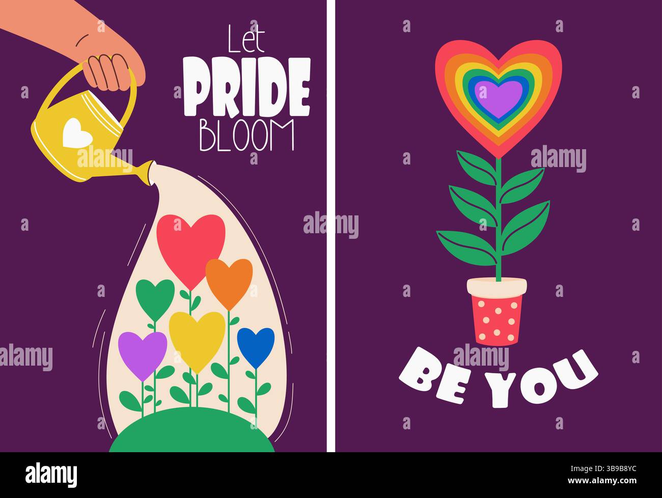 Stolz-Monat. Werbung für LGBT-Poster. Hand mit Gartenkanne und Regenbogenblüten. LGBTQ-Community. Vertikale Weihnachtskarten und Motivatio Stock Vektor