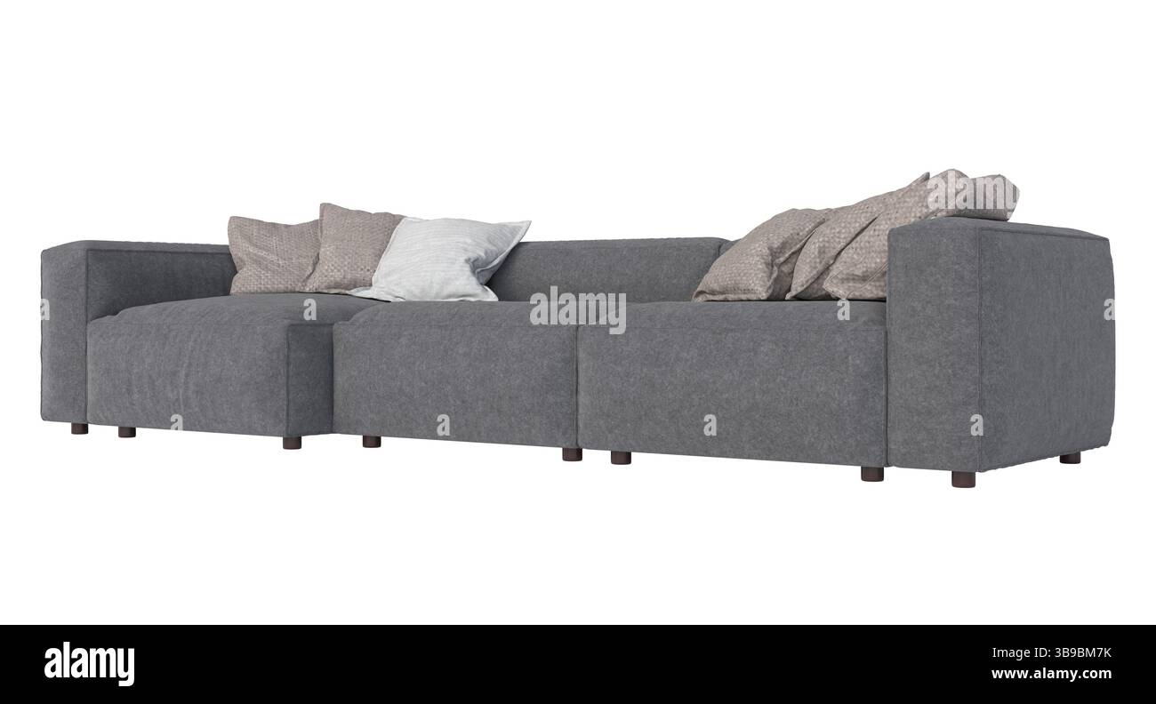 Graues Sofa mit Kissen isoliert auf transparentem Hintergrund 3D Stockfoto