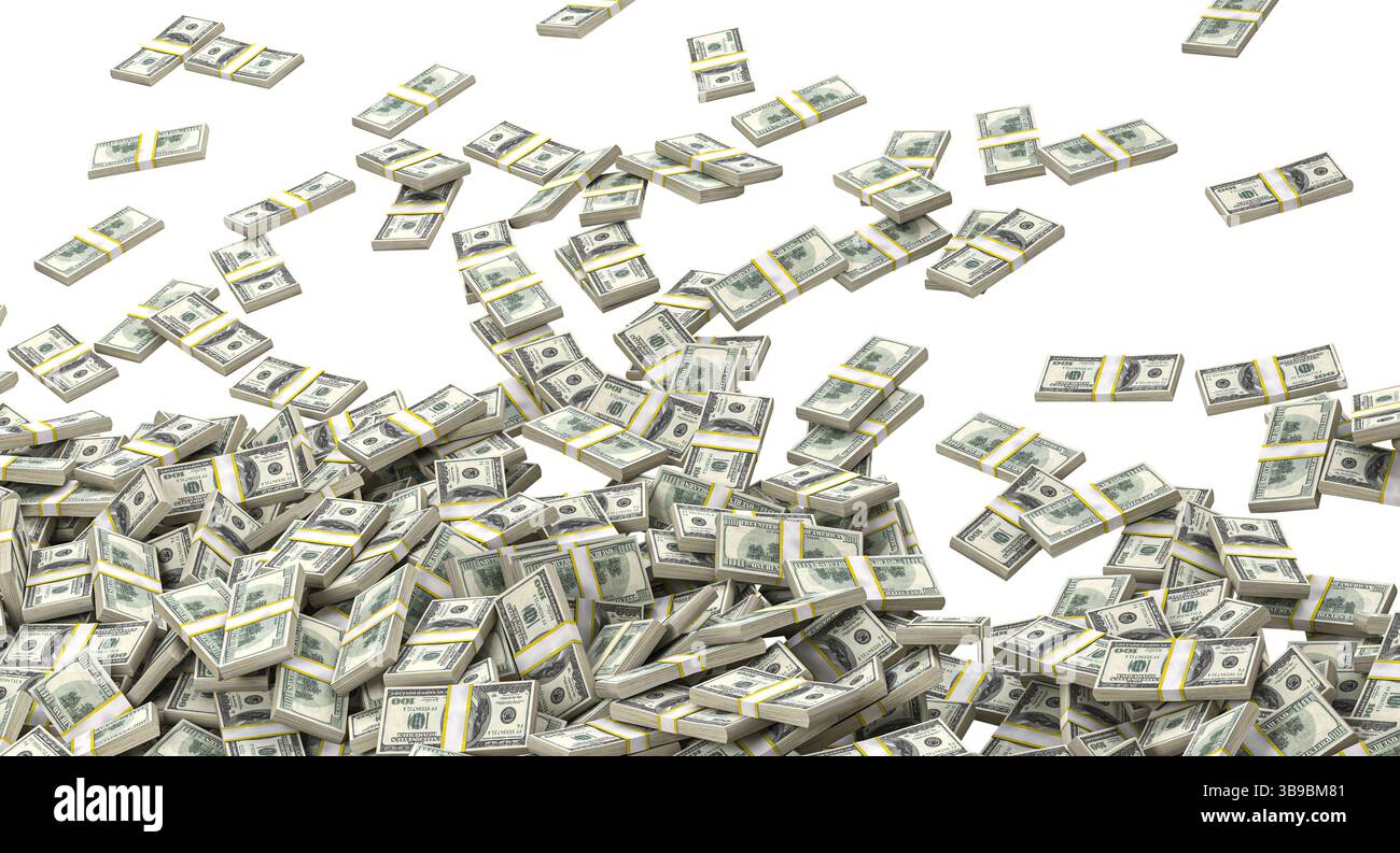 Bündelt Dollarscheine, die auf transparenten Hintergrund fallen 3D Stockfoto
