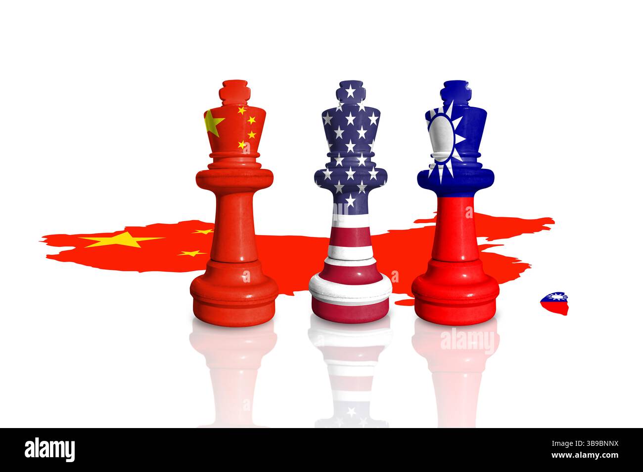 Schach aus China-, USA- und Taiwan-Flaggen. Beziehungen zwischen China und Taiwan Stockfoto