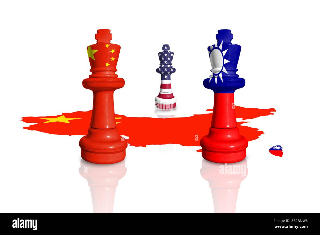 Schach aus China-, USA- und Taiwan-Flaggen. Beziehungen zwischen China und Taiwan Stockfoto