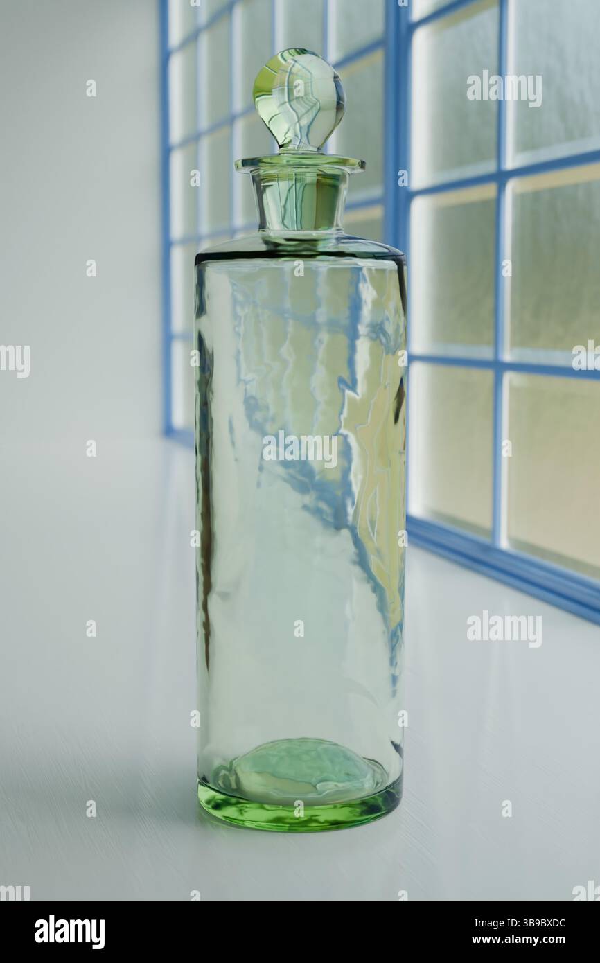 Alte viktorianische Glaswaren in einem sonnigen Fenster. Einzelne große Limettengrüne Parfüm- oder Arzneimittelflasche. Die Glaswaren sind nicht fehl am Platz in einer alten Apotheke Stockfoto