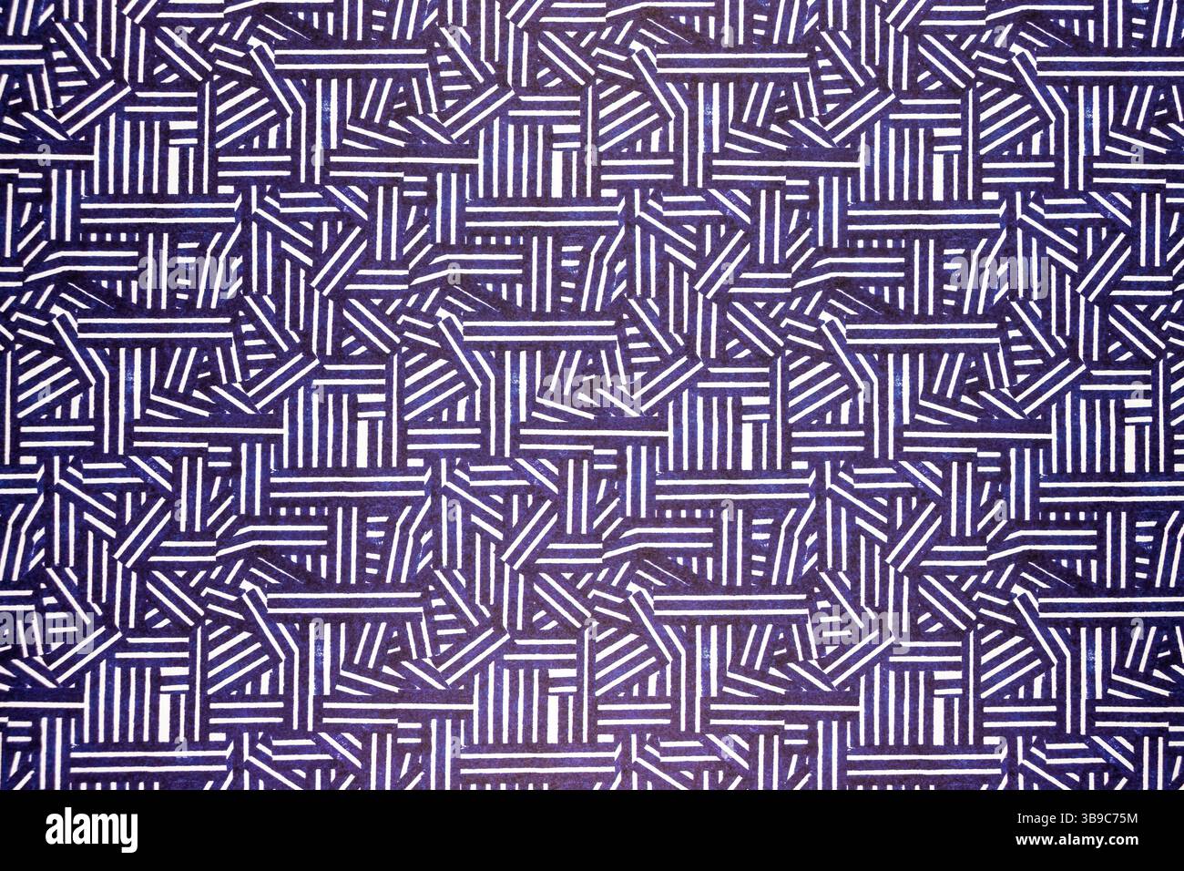 Dieses Bild zeigt ein auffälliges geometrisches Muster, das sich aus sich überschneidenden und sich überlappenden Linien in einem monochromatischen Farbschema zusammensetzt. Stockfoto