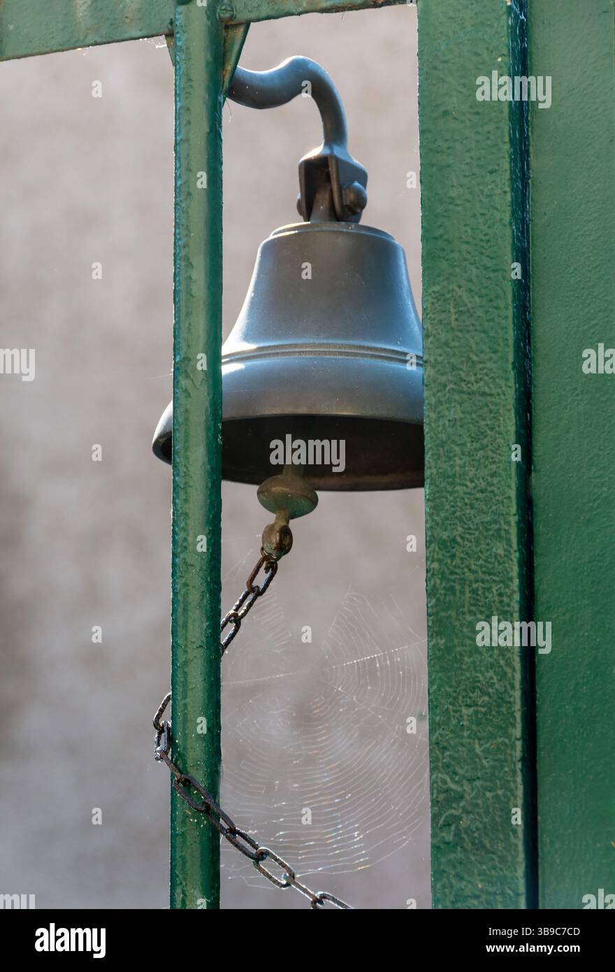 Eine rustikale Glocke, die an einem grünen Tor aufgehängt ist, zeigt zarte Spinnweben, die auf Ruhe und Alter hinweisen. Frankreich Stockfoto