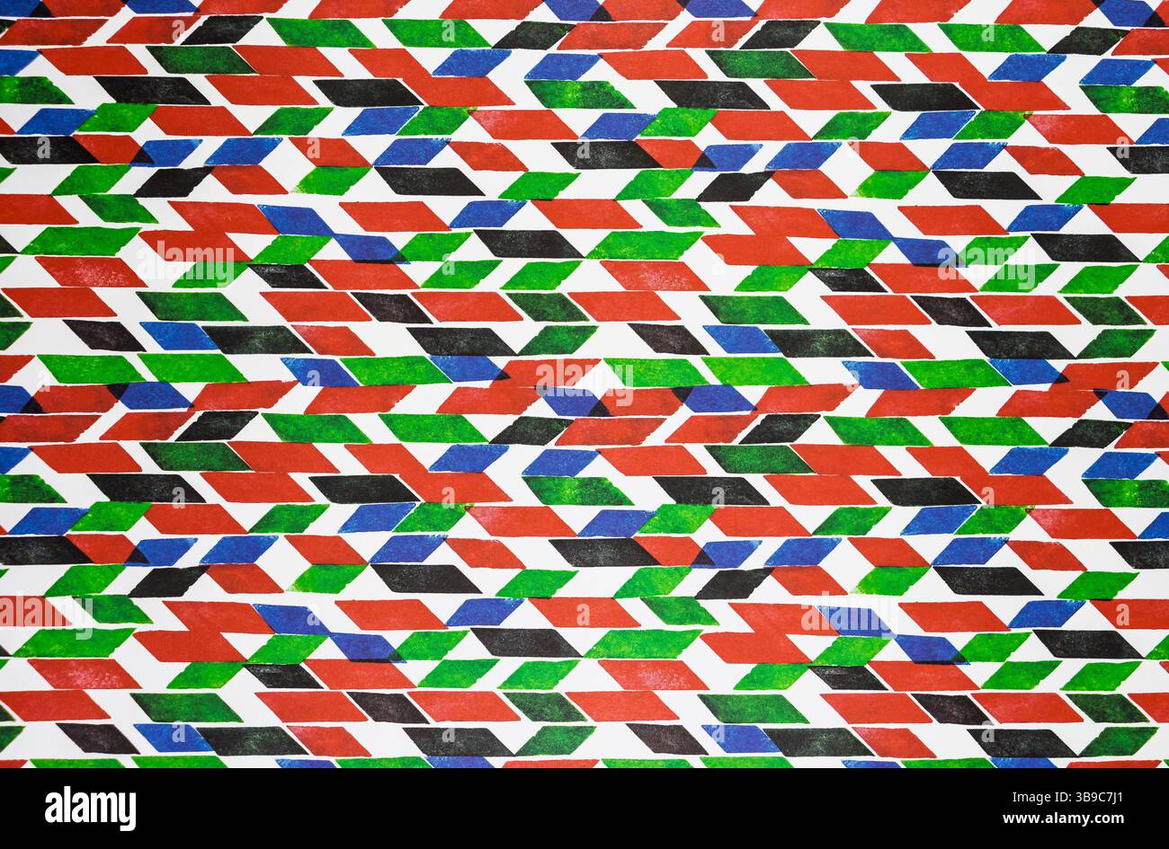 Dieses Bild zeigt ein lebendiges, abstraktes geometrisches Muster, das aus verschiedenen farbigen Formen und Winkeln besteht. Das Design verfügt über eine dynamische Anordnung. Stockfoto
