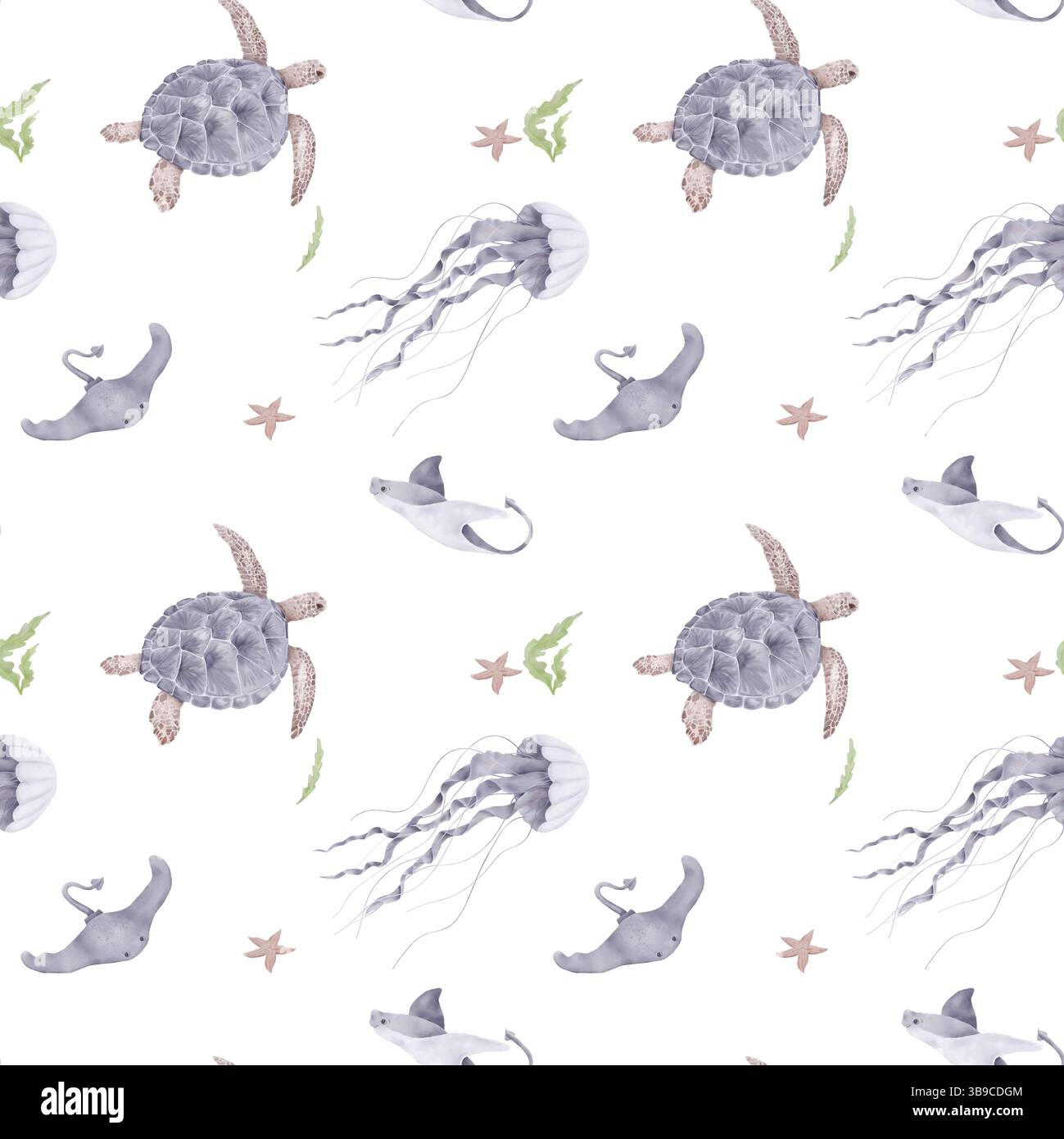 Meeresschildkröte und Meeresrochen schwimmen zwischen Quallen und Seesternen. Aquarellabbildung. Nahtloses Muster. Meerestiere und Algen aus Unterwasser Stockfoto