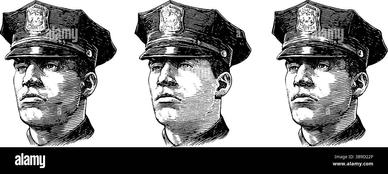 Vintage-gravierte Illustrationen von Polizeibeamten in Uniform für historische Kunst- und Designprojekte. Stock Vektor