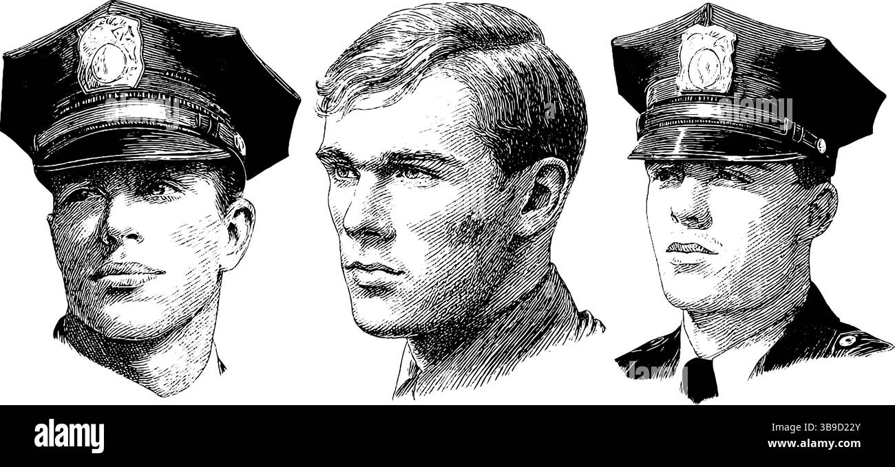 Alte Porträts von Polizeibeamten in Schwarz-weiß. Stock Vektor