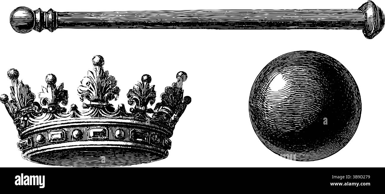 Vintage-gravierte Illustration einer mit Edelsteinen verkrusteten Krone mit Zepter und Kugel für historisches Design. Stock Vektor