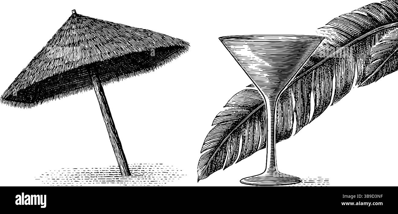 Gravierte Cabana-Szene am Strand mit Cocktails und tropischen Blättern für Designprojekte. Stock Vektor