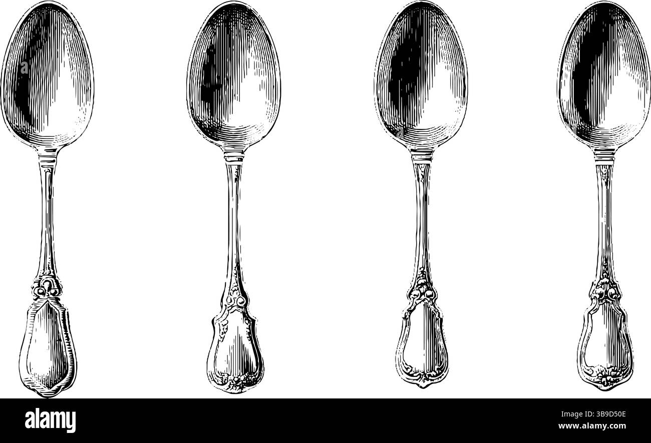 Vintage Silberlöffel Kollektion Gravur für antike kulinarische Designs und historische Kunst. Stock Vektor