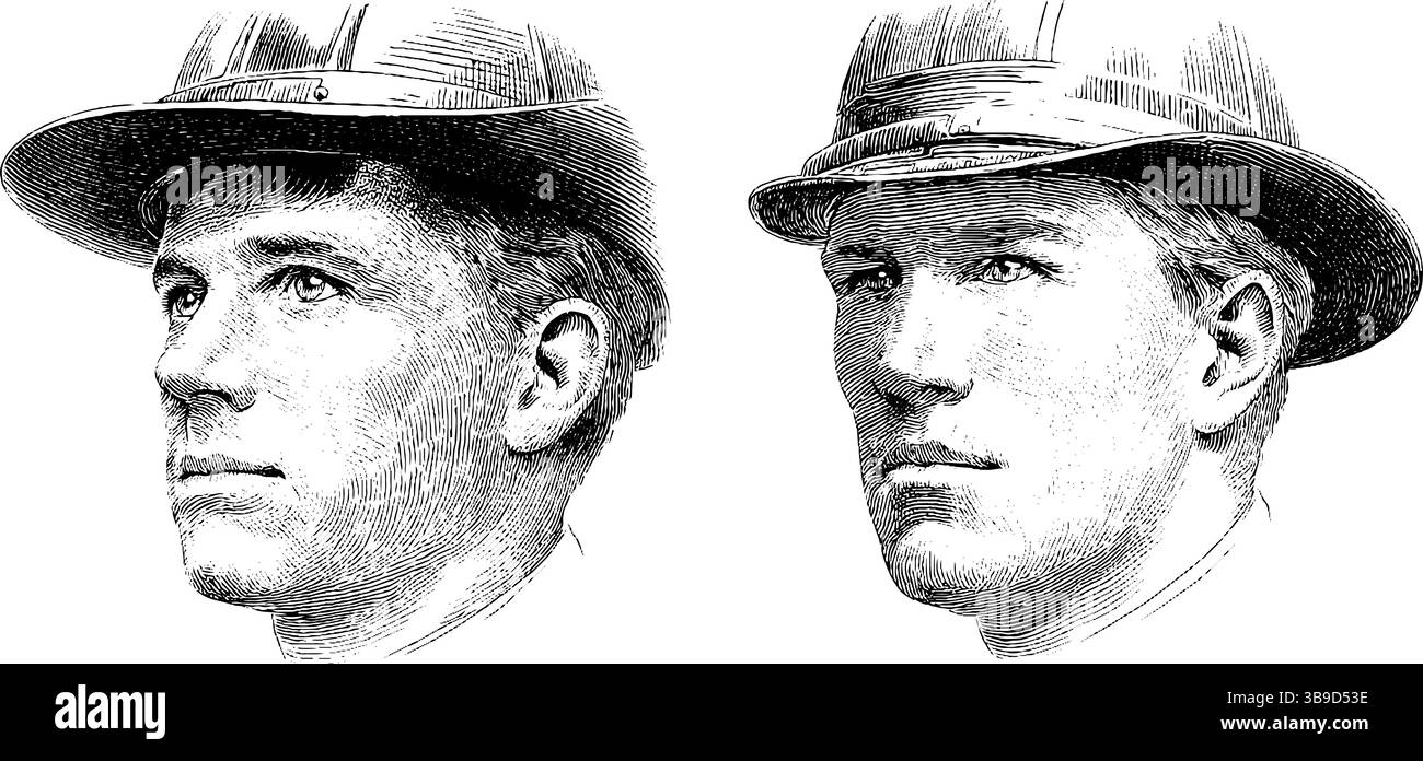 Gravierte Porträts von Feuerwehrmännern in detailliertem Schwarz-weiß. Stock Vektor