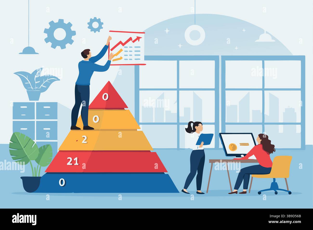 Das Team arbeitet an einer mehrschichtigen Pyramide der Geschäftsstrategie zusammen, die den Wachstumserfolg mithilfe von Datendiagrammen in einer modernen Form visualisiert Stock Vektor