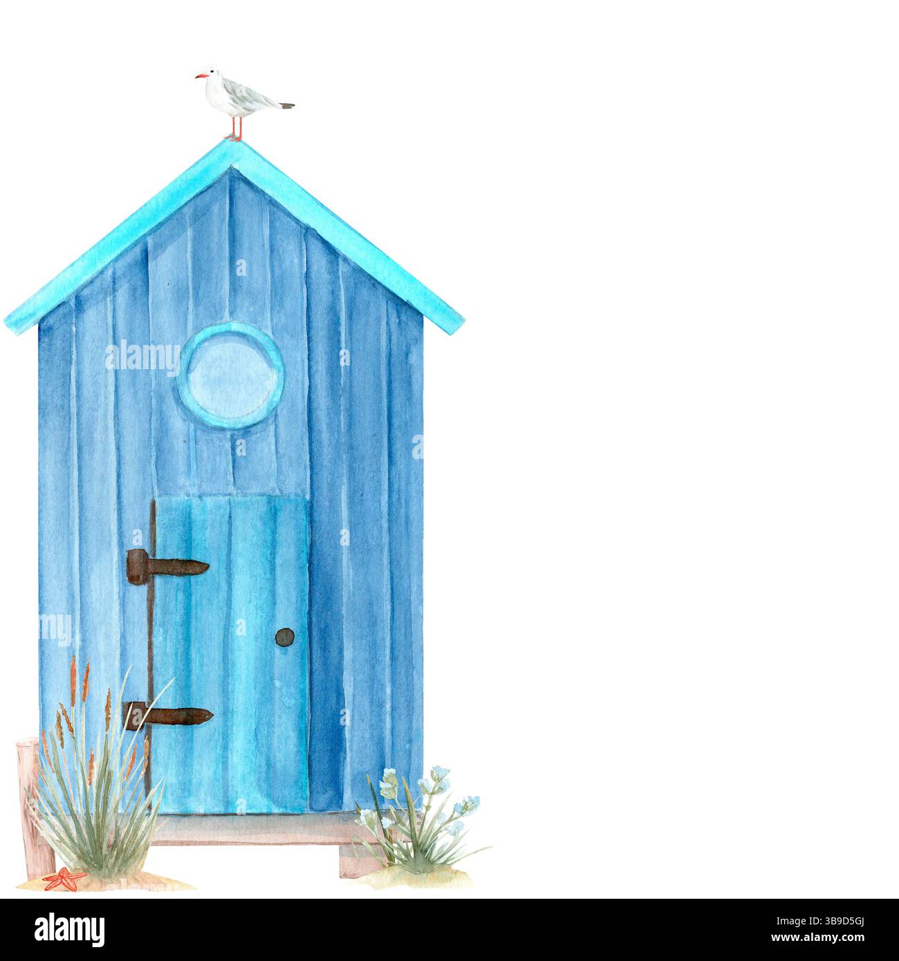 Holzdiele Hütte Rettungsruje Möwe Aquarell Karte isoliert auf weiß. Hochwertige, minimale Architektur Aquarellillustration perfekt für Karten Stockfoto