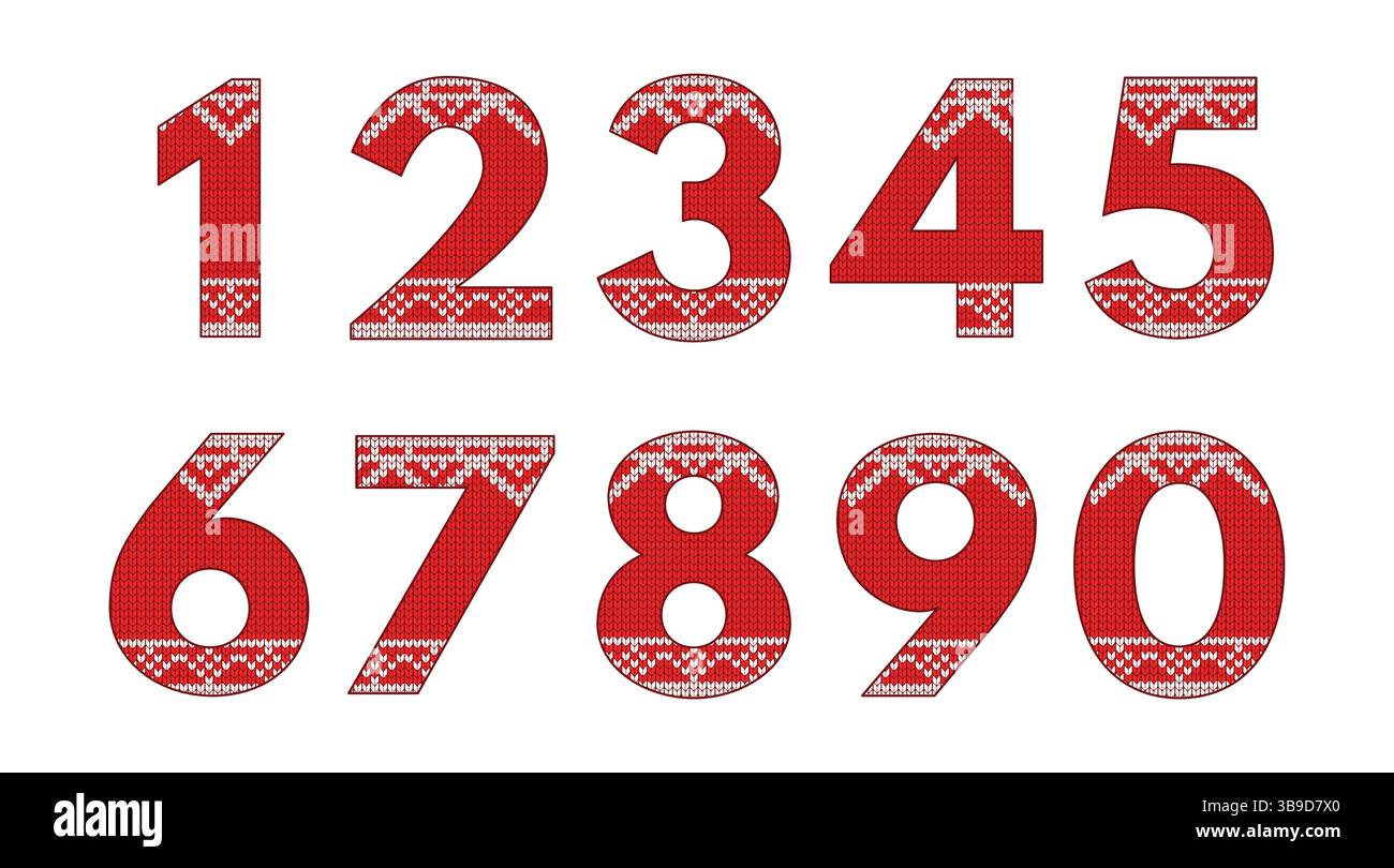 Gestrickte Zahlen von Null bis neun. Traditionelles Strickmuster. Stock Vektor