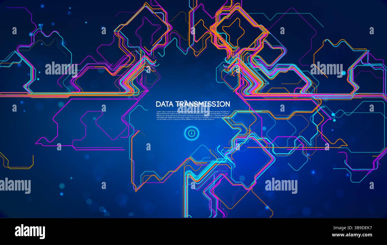 Futuristisches Datenübertragungskonzept mit leuchtenden Neonschaltungen auf dunkelblauem Hintergrund, digitalem Netzwerk, Technologiefluss, abstrakter Kommunikation Stock Vektor
