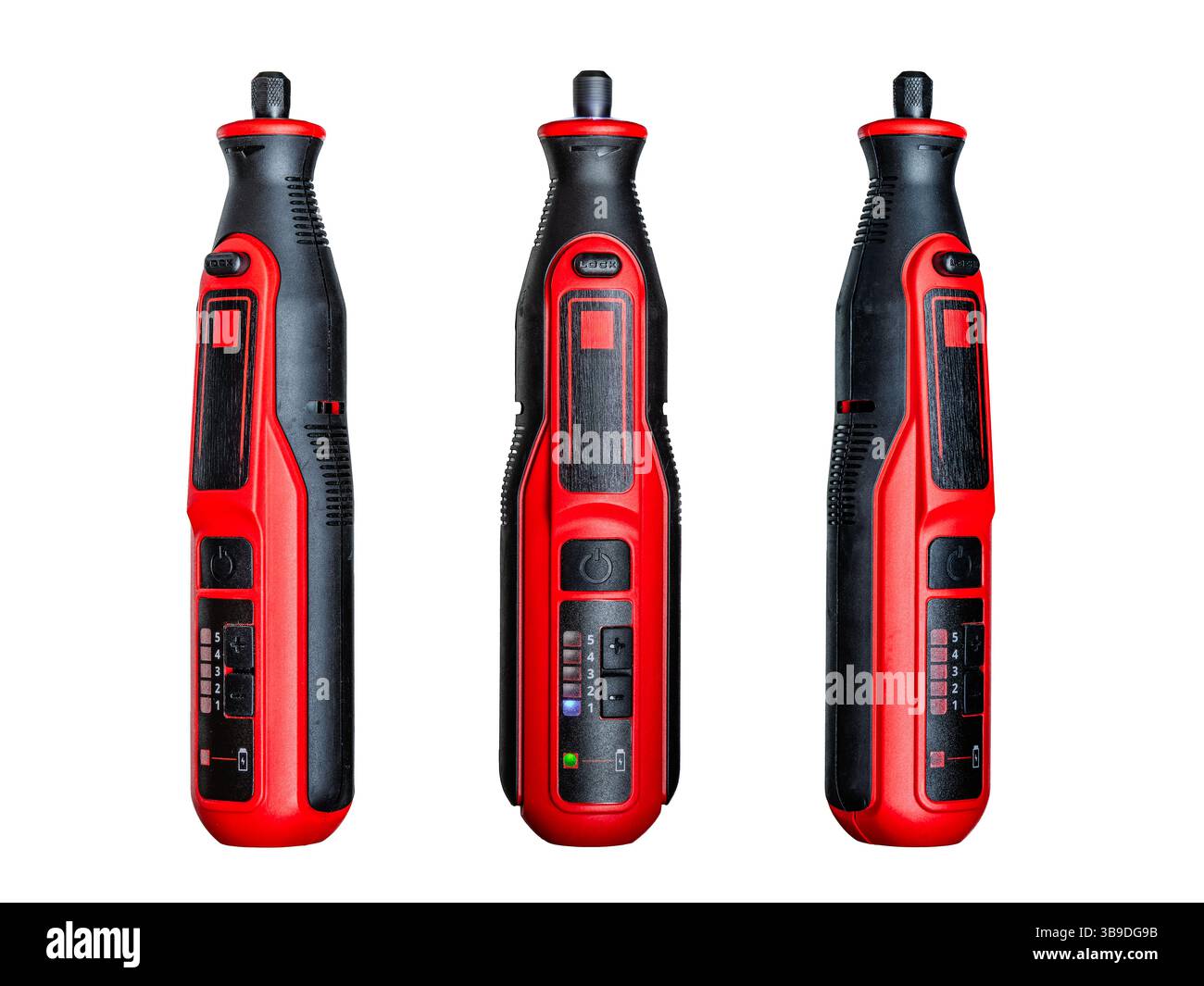 Verschiedene Ansichten einer kabellosen Schleifmaschine auf transparentem Hintergrund – zur Veranschaulichung von Werkzeugkatalogen, E-Commerce- oder Heimwerkerprojekten. Stockfoto