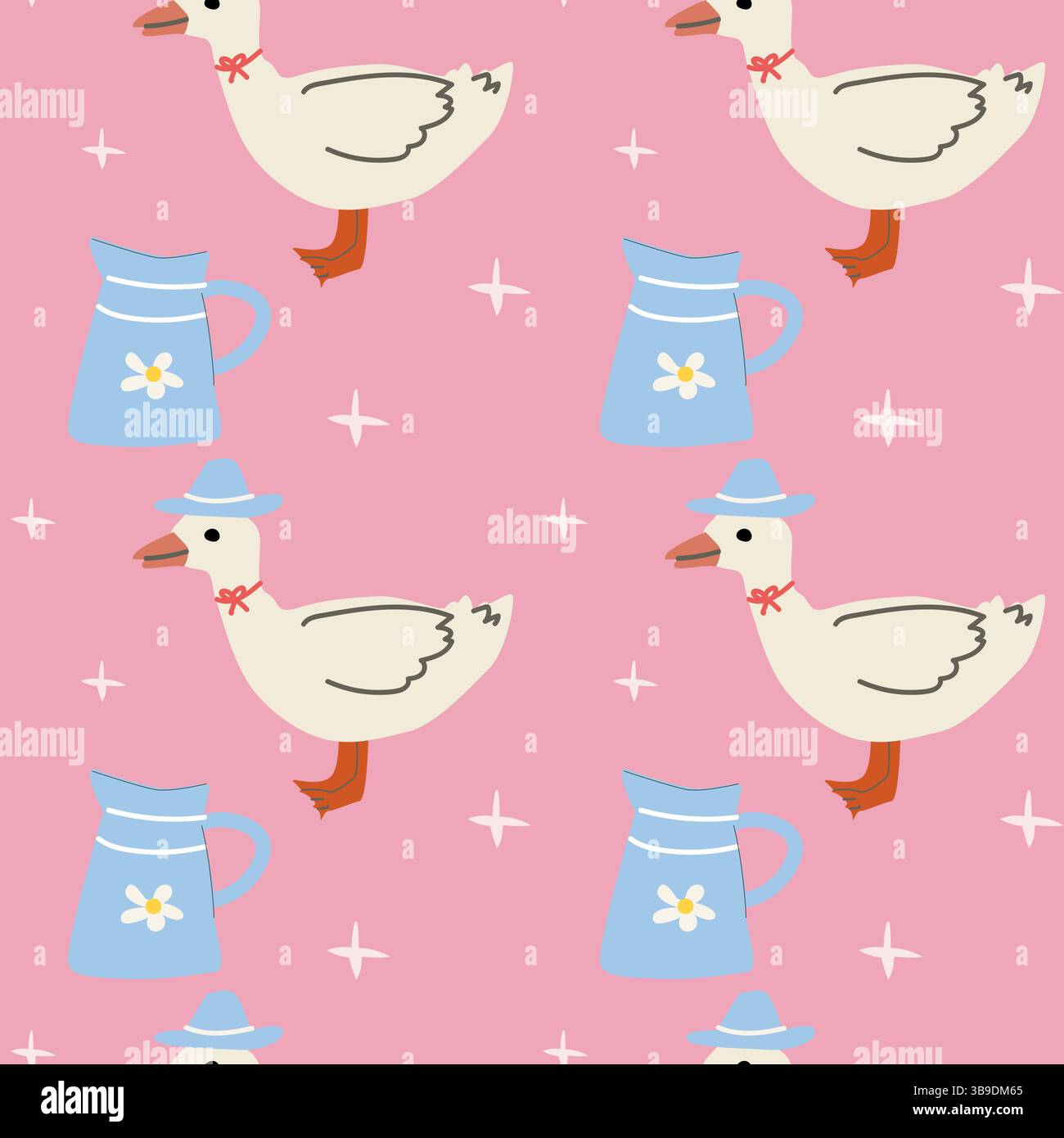 Charmante Cottage-Einrichtung mit Enten und Vintage-Krügen auf pastellrosa Hintergrund. Stock Vektor