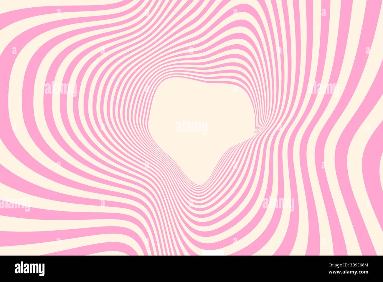 Abstrakter optischer Illusionshintergrund mit rosa und beigefarbenen Wellenlinien, die einen verzerrten Tunneleffekt erzeugen. Psychedelisches Muster mit geschwungenen Streifen und Hy Stock Vektor