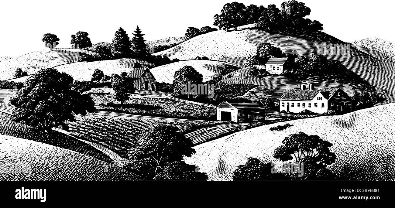 Malerische Ackerlandschaft mit sanften Hügeln und rustikalen Gebäuden - ideal für Druck und Design. Stock Vektor