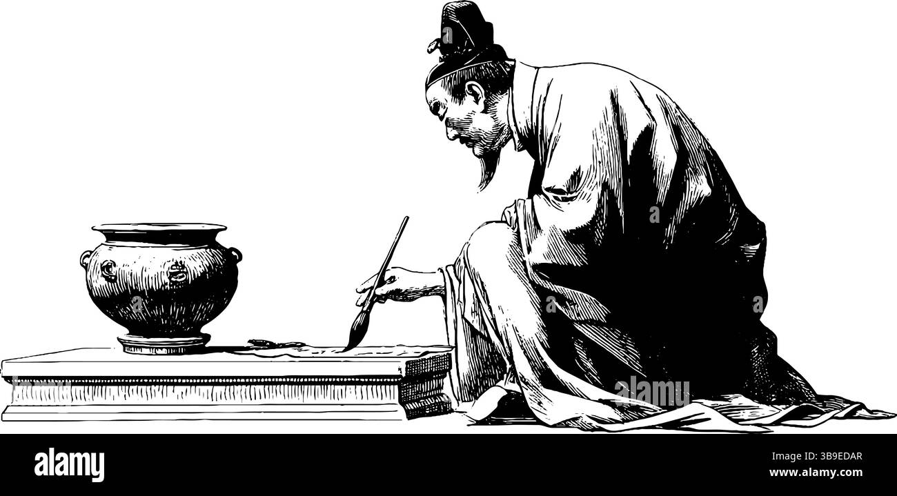 Gravierte Illustration eines chinesischen Gelehrten in traditioneller Kleidung mit Tuschentopf. Stock Vektor