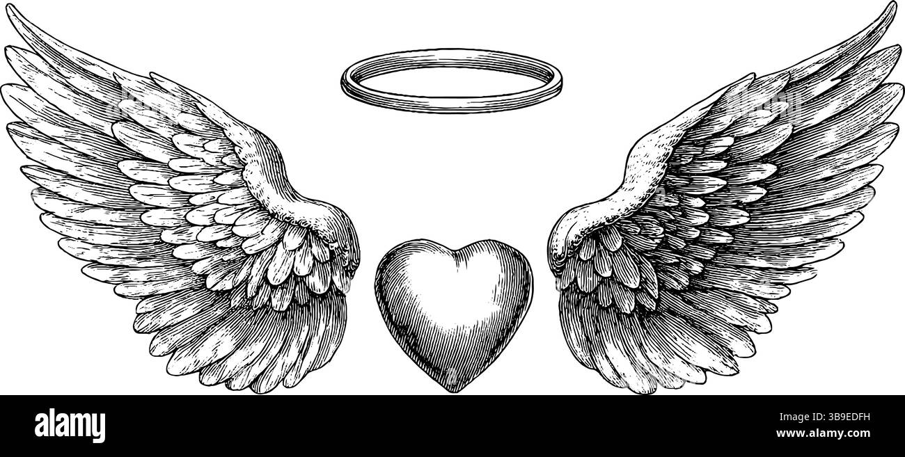 Gravierte Engelsflügel und Halo-Design für spirituelle Kunst und Dekoration. Stock Vektor