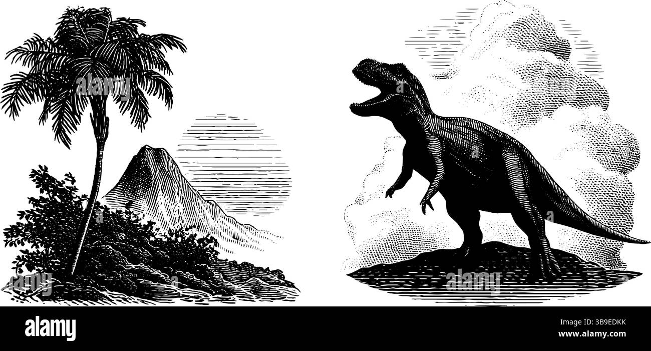 Prähistorischer Sonnenaufgang mit Dinosaurier- und Vulkanszene für Design-Zwecke. Stock Vektor