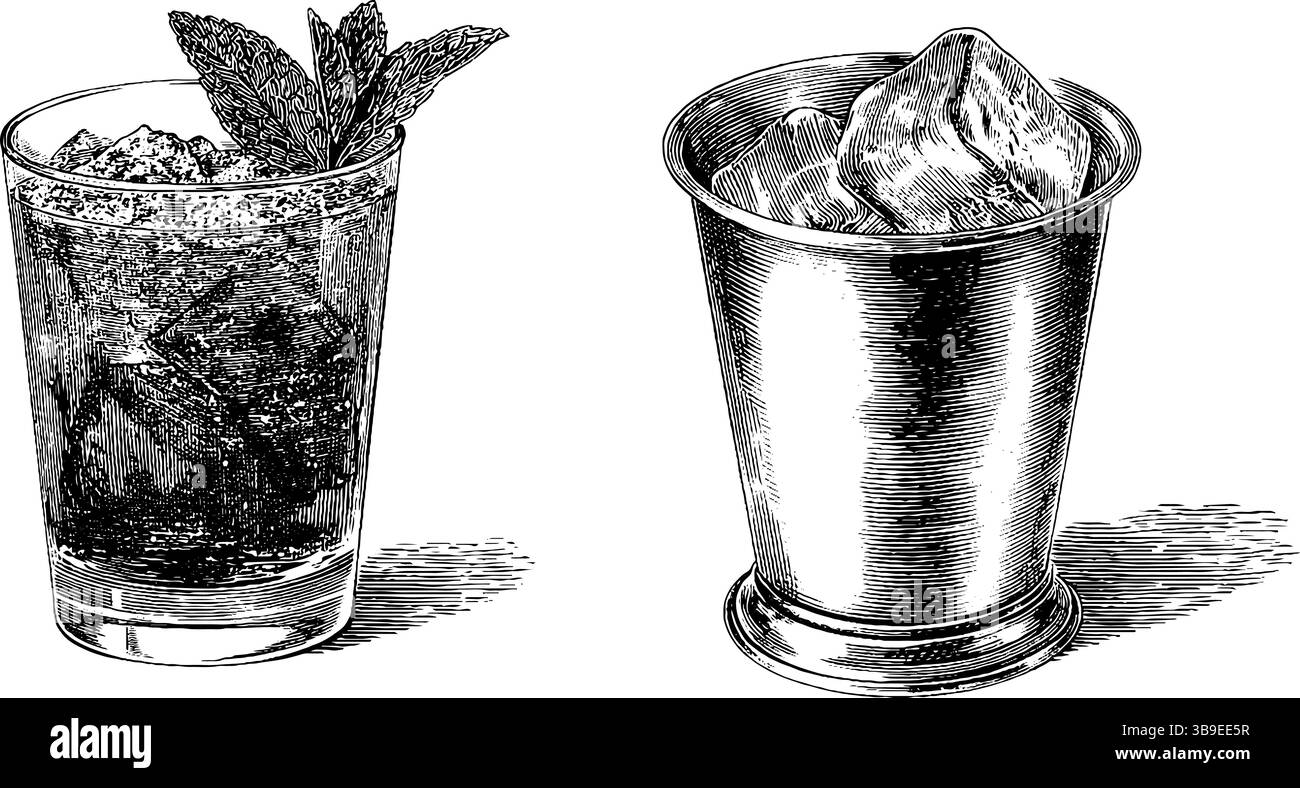 Vintage-gravierte Illustration von Minzjulep und Crushed Ice Drink für das Getränkedesign. Stock Vektor