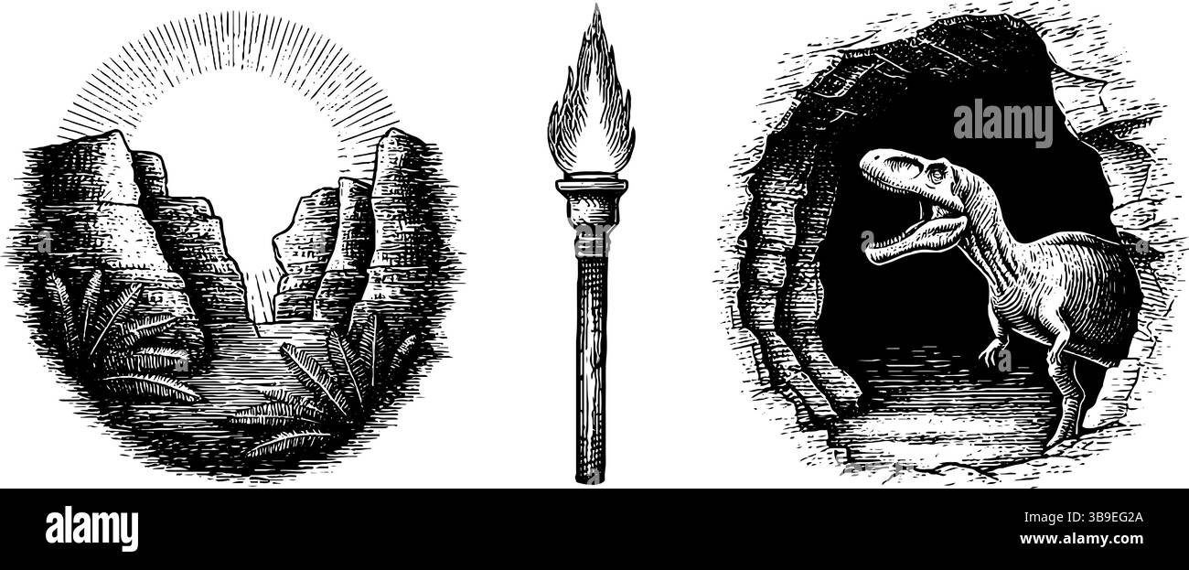 Gravierte prähistorische Höhlenkunst mit Dinosaurier-, Landschaft- und Fackelsymbolen. Stock Vektor