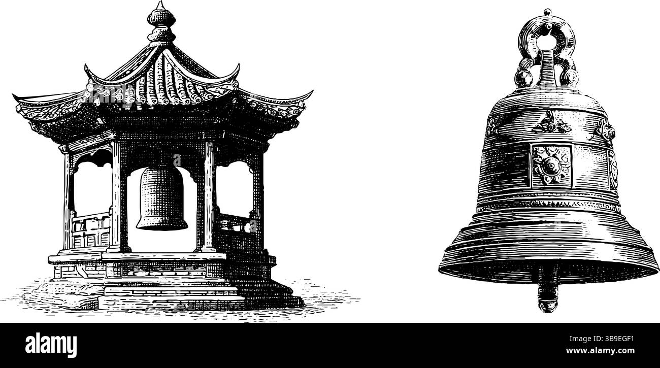 Traditionelle Pagode und Laternen Kunststich für Design und Dekoration. Stock Vektor