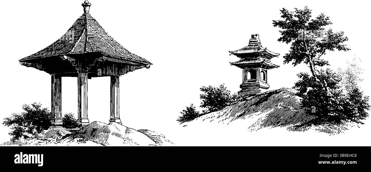 Gravierte architektonische Illustrationen mit Pavillon- und Dachdesign-Elementen. Stock Vektor