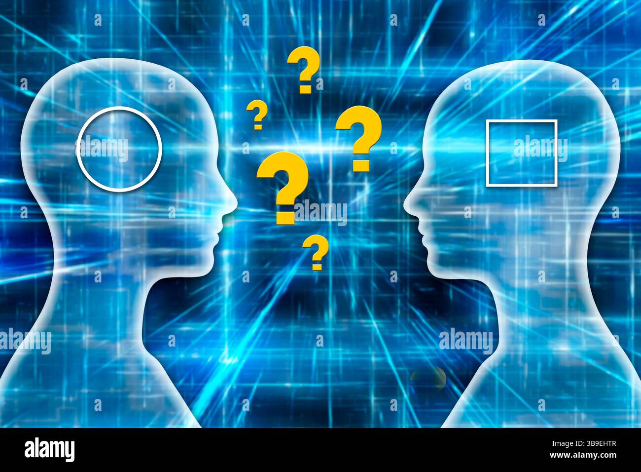 Illustration von zwei Köpfen mit Fragezeichen dazwischen, Austausch von Ideen oder schwer zu kommunizierst Konzept Stockfoto