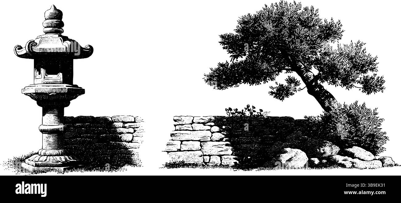 Gravierte Illustration von Steinlaterne und Baum mit Steinwand für Druckdesign. Stock Vektor