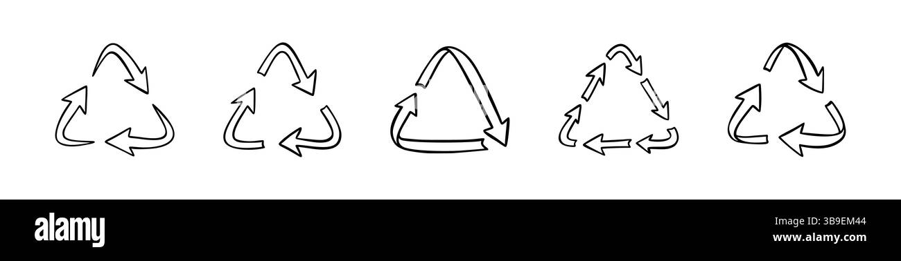 Set aus handgezeichnetem Doodle-Dreieck-Recycling-Symbol. Zeichenzeichnung wiederverwenden. Kunststoff, Abfall, Papiermarke und Code-Hintergrund. Garbage Identification SkizzenIC Stock Vektor