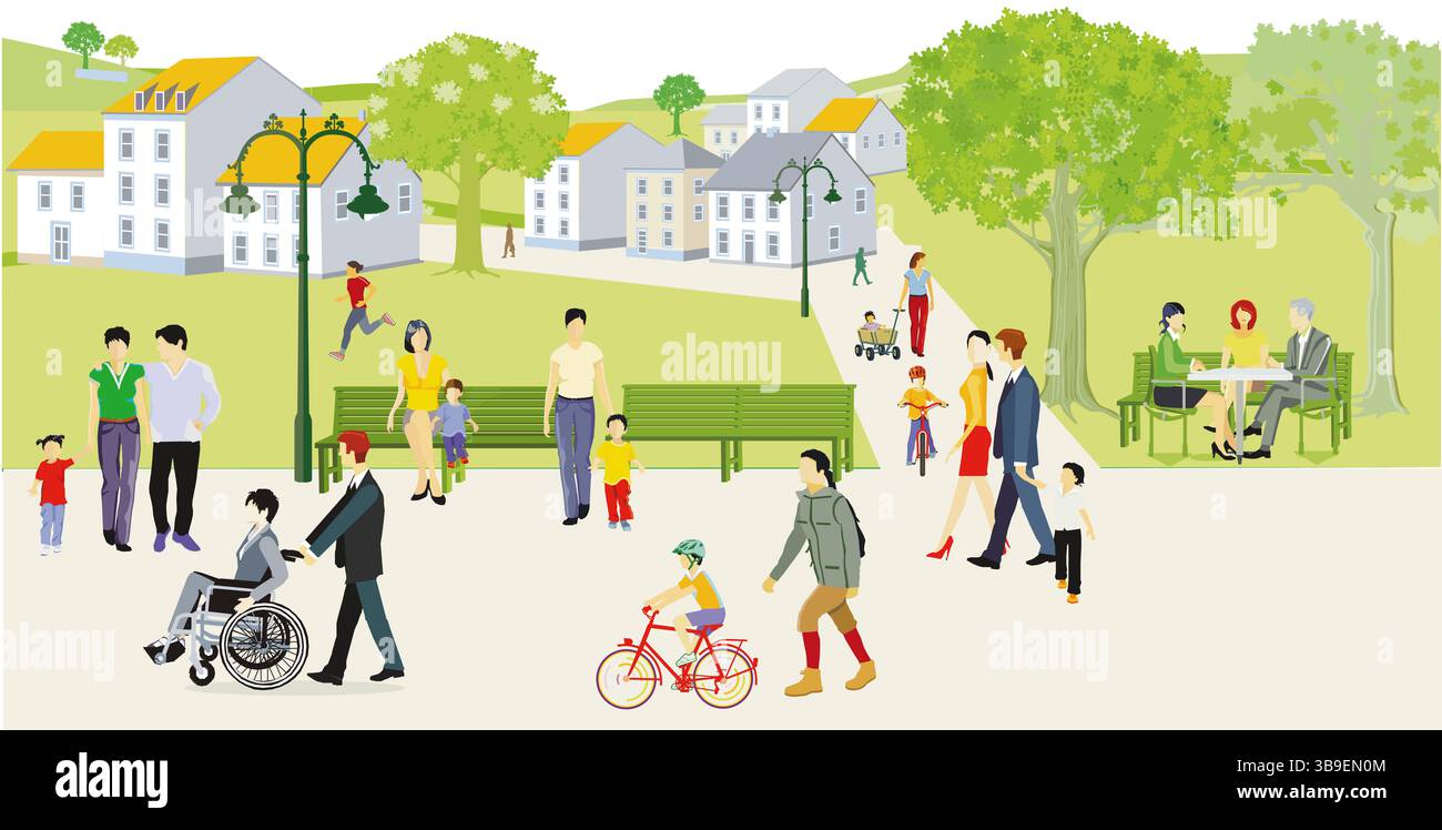 Park in der kleinen Stadt, Leben auf dem Land, Illustration Stockfoto