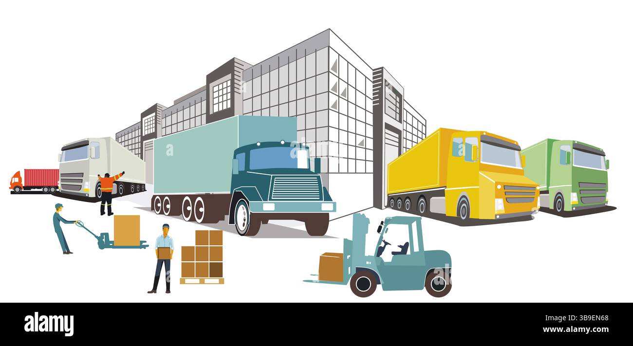 Spediteur mit Fracht, Transport per LKW, Illustration Stockfoto