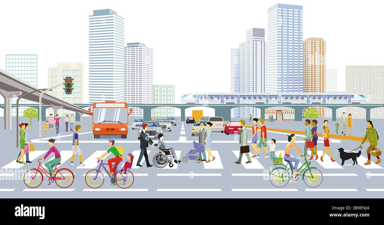 Autos an einer Straßenkreuzung in einer Großstadt mit Fußgängerübergang, Illustration Stockfoto