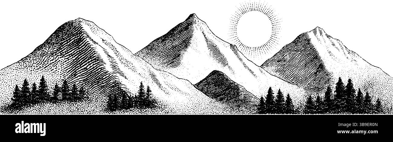 Gravierte Bergszene mit Sonnenschein und Kiefern im klassischen Stil. Stock Vektor
