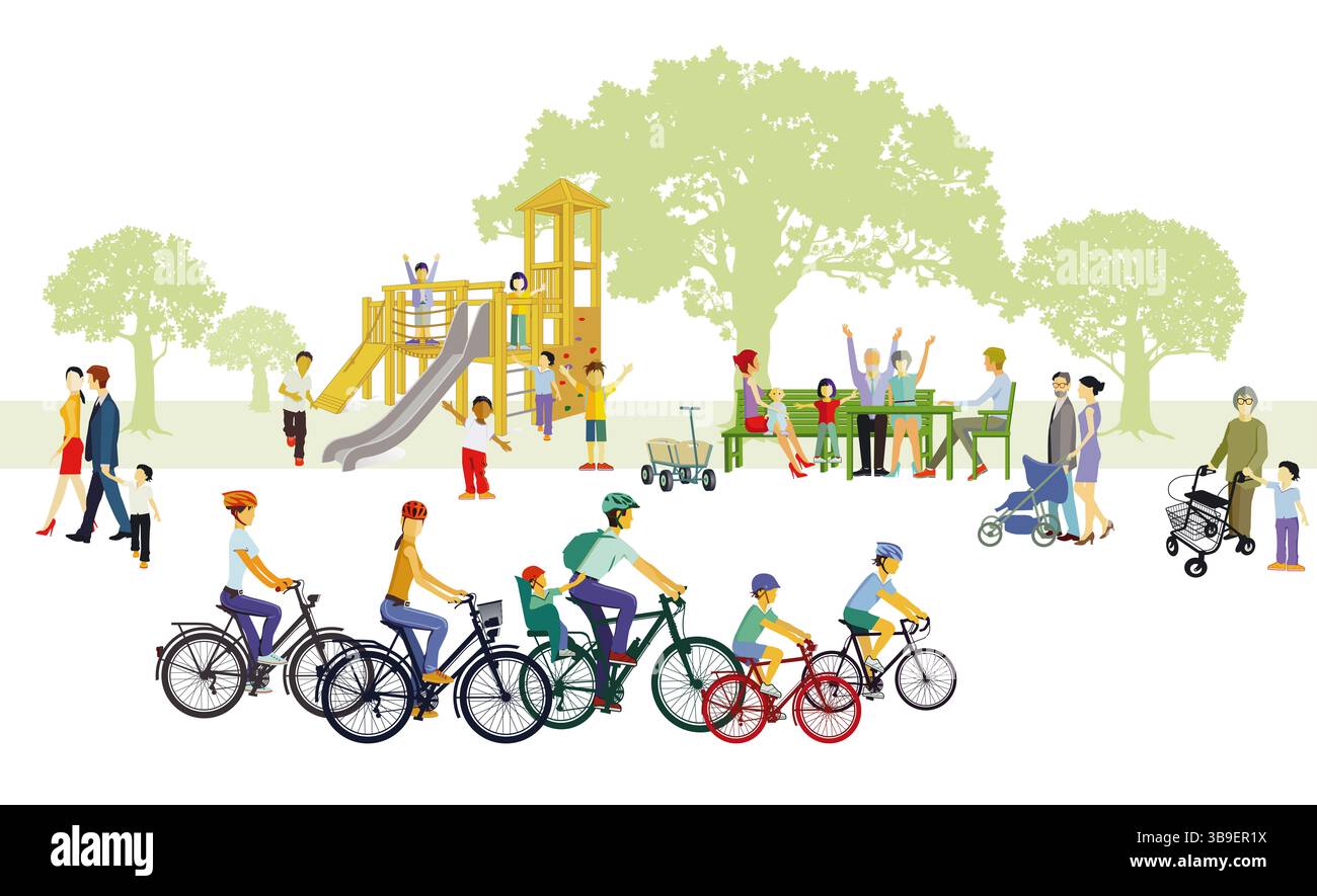 Radfahren mit Kindern und Familie, Illustration Stockfoto