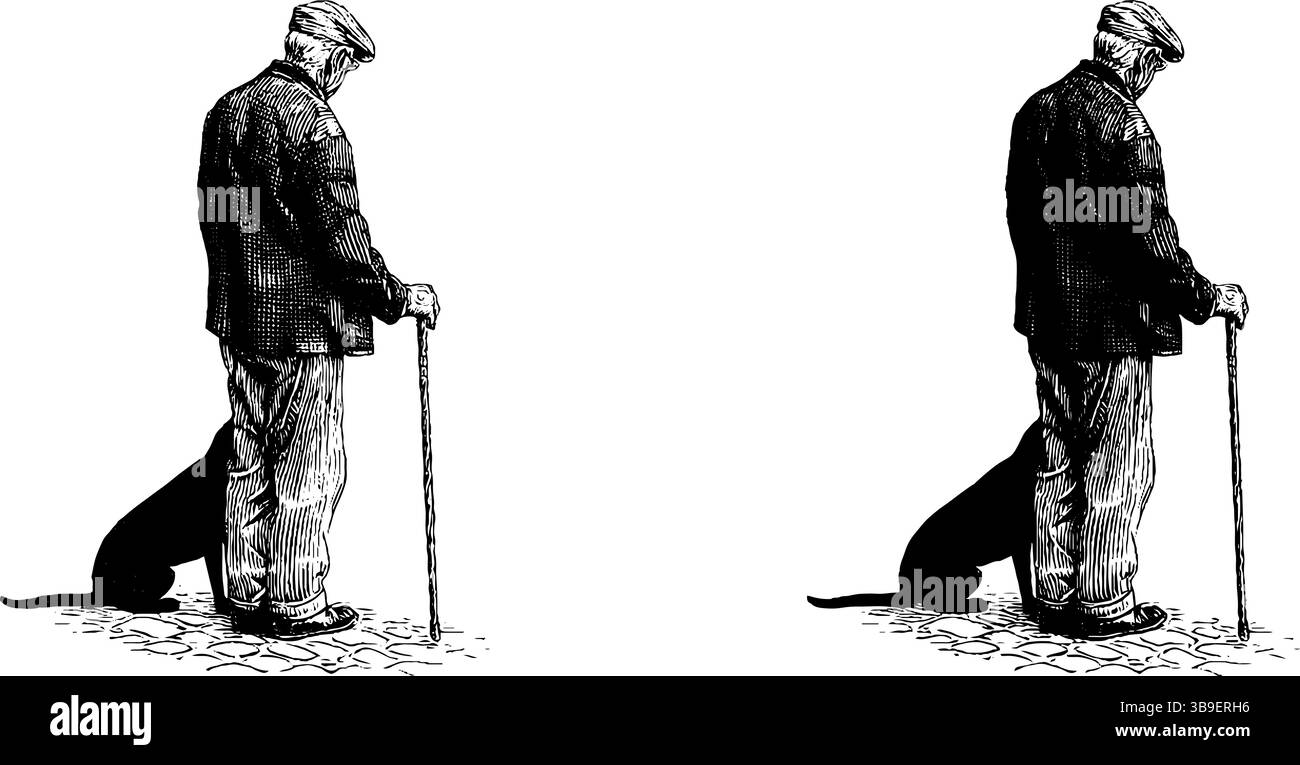 Vintage-Illustration eines älteren Mannes mit Gehstock und Hundebegleiter. Stock Vektor