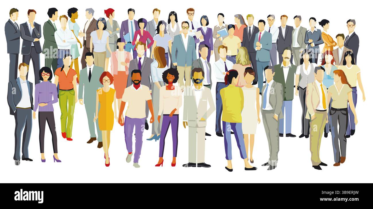 Eine große Gruppe von Menschen zusammen, isoliert auf weißem Hintergrund. Abbildung Stockfoto
